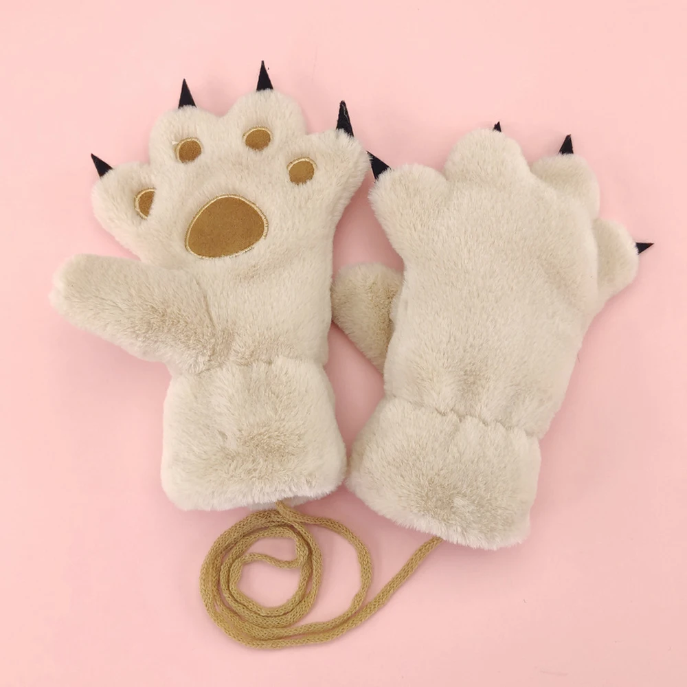 Зимние перчатки с милыми рисунками животных из мультфильмов; зимние плюшевые пушистые теплые перчатки с медвежьими когтями; карнавальный костюм; перчатки для детей - Цвет: Beige