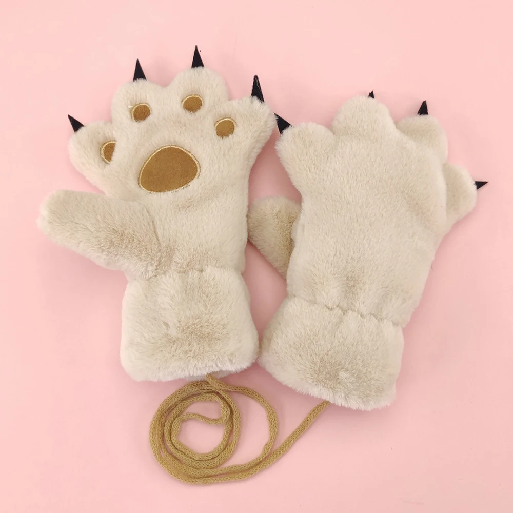 Beige Зимние перчатки с милыми рисунками животных из мультфильмов; зимние плюшевые пушистые теплые перчатки с медвежьими когтями; карнавальный костюм; перчатки для детей - Цвет: Beige
