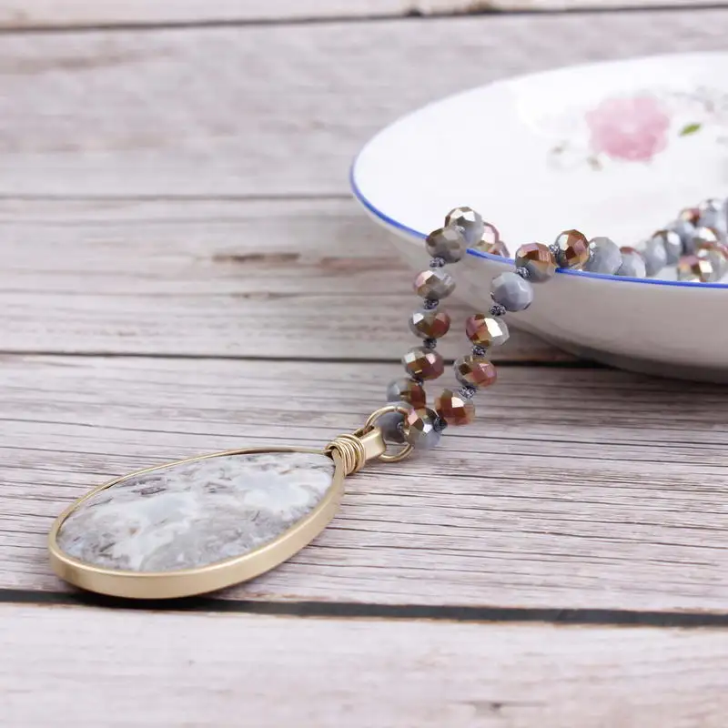 N5521 ZWPON Faceted Glass Beaded Knot Gold Filled Natural Stone Pendant Necklace for Women Long Beads Statement Necklace Jewelry