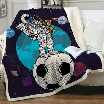 

Rocket Ship Bed Blanket Blue Sherpa Fleece Throw Kids Outer Space Plush Bedding Astronauts Planets Stars Cobertor