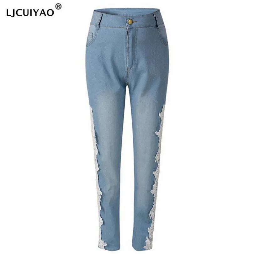 

LJCUIYAO Women Fashion Side Lace Jeans Hollow Out Skinny Denim Jeans Pencil Pants Patchwork Trousers Fitness Gym Pockets Jogging