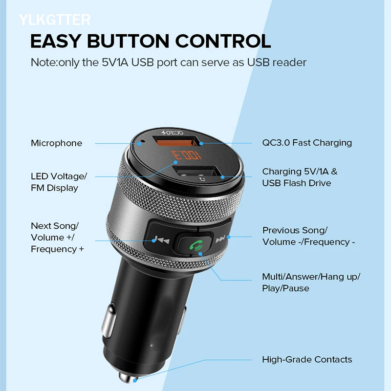 Автомобильное зарядное устройство YLKGTTER Bluetooth QC3.0 для IPhone xr Xiaomi huawei Sumsung Android Phone phone FM MP3 TF Card СВЕТОДИОДНЫЙ мини-экран