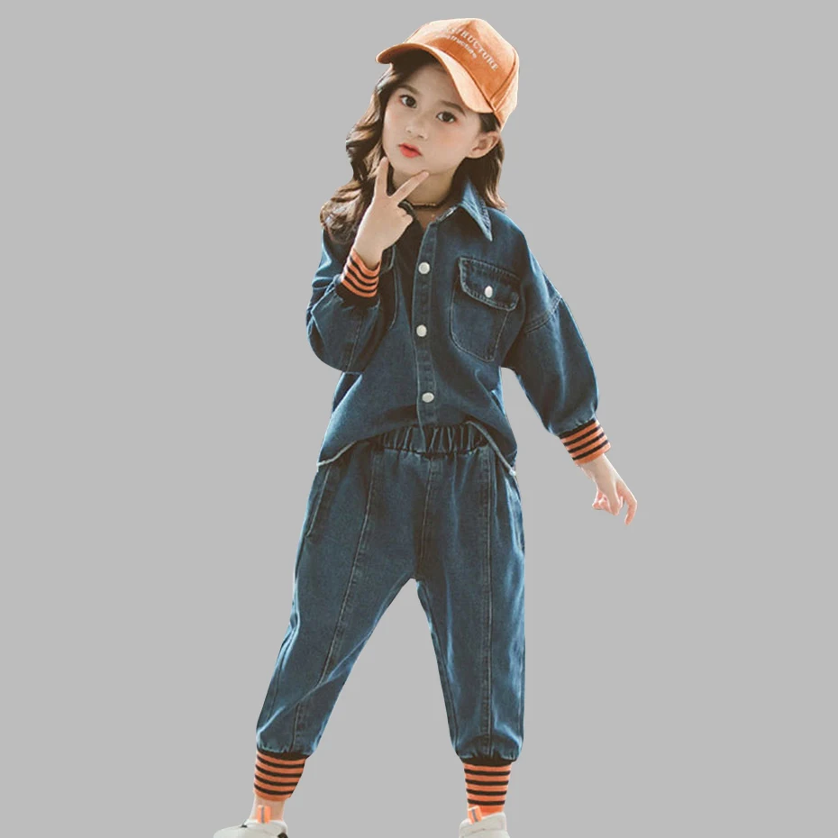 Комплект детской одежды для девочек-подростков, Джинсовая Верхняя одежда+ джинсы, комплект одежды из 2 предметов для девочек, весенне-осенняя одежда для детей 6, 8, 10, 12, 14 лет