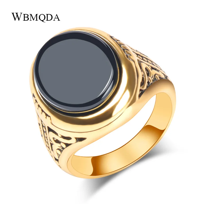 Gold Wbmda Vintage Black Stone Ring For Women Man Fashion Antique Gold Big Ring Jewelry Valentine's Day Gift New - Цвет основного камня: Gold