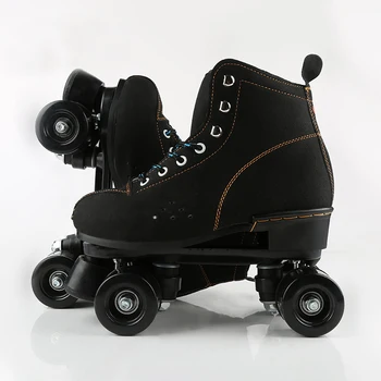 

Kids Children Unisex Double Line PU Leather Indoor Quad Parallel Skates Shoes Boots 4 PU Wheels Black With Brake Breathable