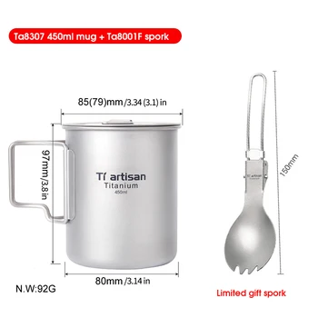 

Tiartisan Kitchen Cup Titanium Camping Water Mug Metal Cookware Pot Foldable Hanlde Titanium Drinkware 450-750ml with Free Spork