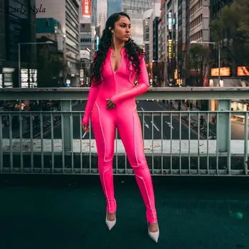 

Carly Nyla women skinny long rompers jumpsuit zipper turtleneck good elastic bodysuit 2020 autumn fashion reflective patchwork