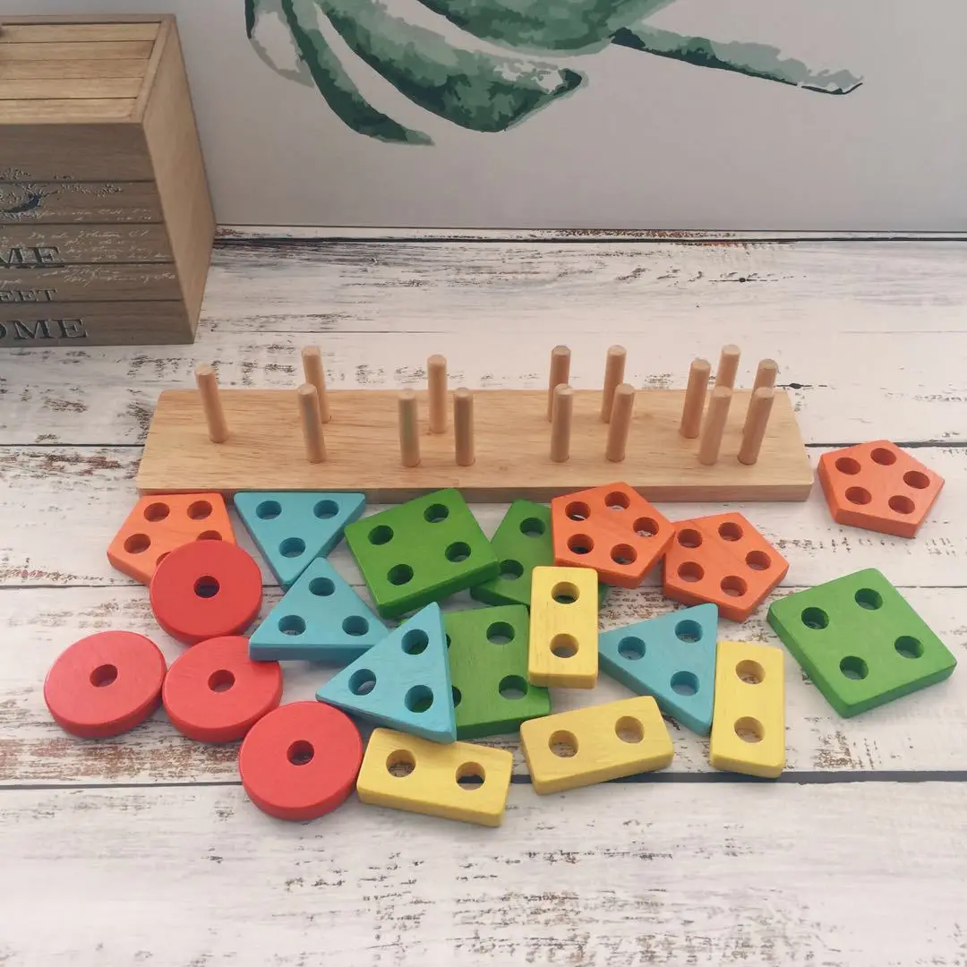 

Five Column Set Building Blocks Infants Children Early Childhood Educational Wooden Toys Baby Recognize Identify Color Shape