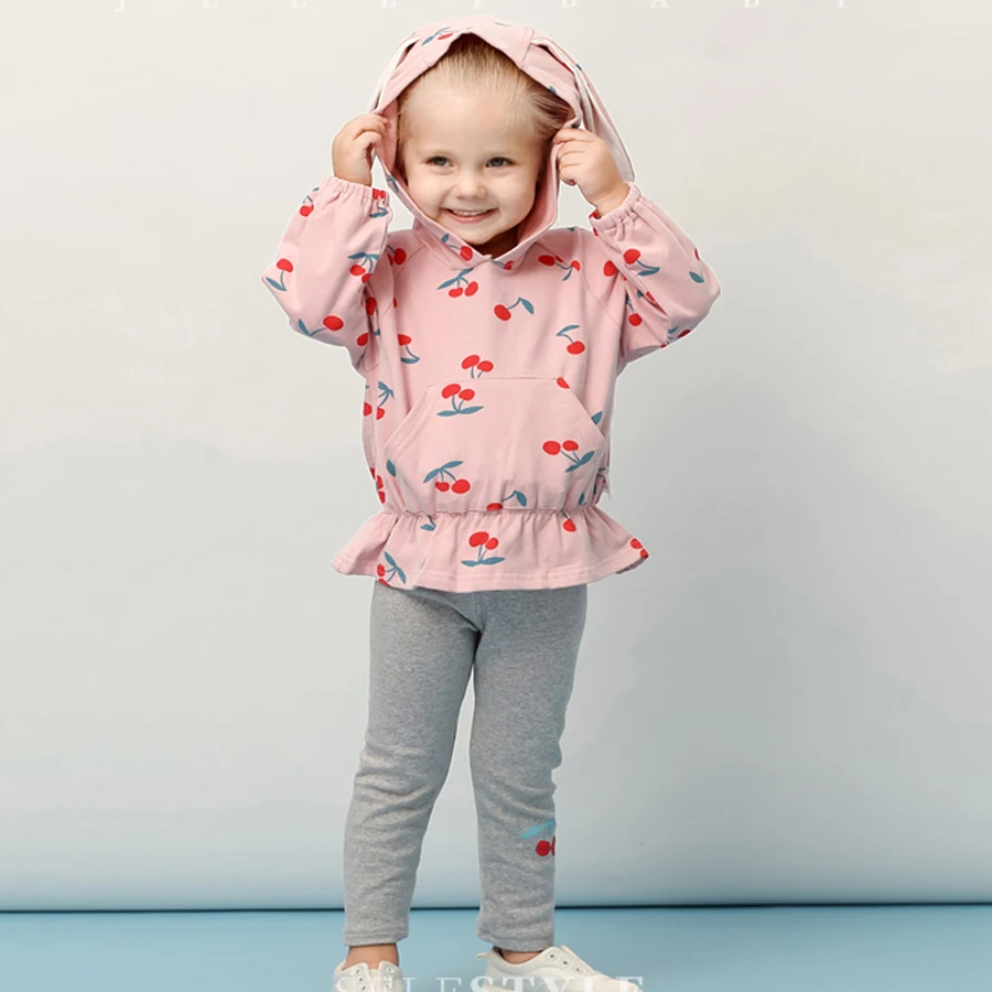 Одежда для маленьких девочек 1-2-3-4 лет, хлопковый комплект, Весенний костюм с длинными рукавами для малышей, комплекты со свитером с капюшоном и принтом «заячьи ушки» и «вишни» для маленьких девочек