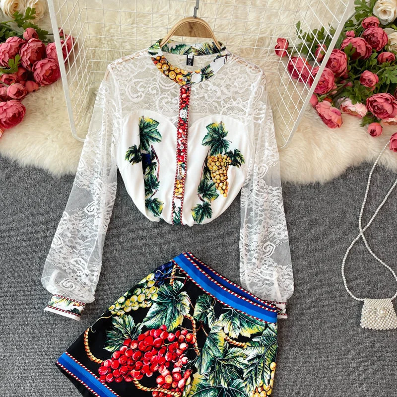 Spring Summer Runway Two Piece Set For Women Designers Fruit Print Lace Shirt And Shorts Suit Party Beach Female Suits Outfit matching workout sets