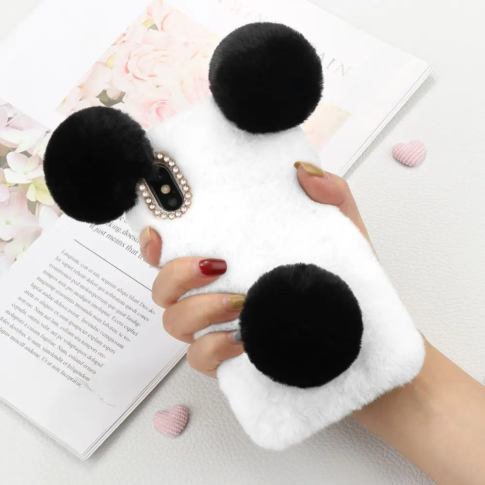 LLZ.COQUE чехол с кроликом пандой из черного меха для samsung A3 A5 A6 A8 J3 J4 J5 J6 PLUS пушистый мягкий ТПУ чехол для телефона Galaxy