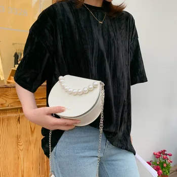 

Small Women High Quality Pearl Saddle Handbag Luxury Designer Shoulder Bag PU Leather Chain Shoulder Messenger Bags Purse Q4