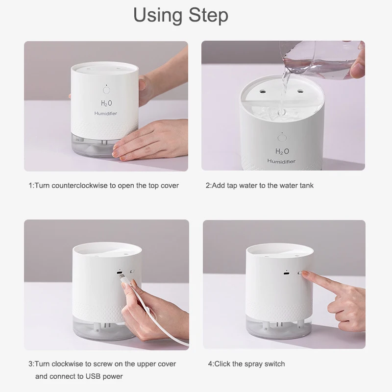 Double Nozzle Usb Air Humidifier Diffuser 650ML Rechargeable Wireless Electric Ultrasonic Humidifier Mist Maker LED Night Light