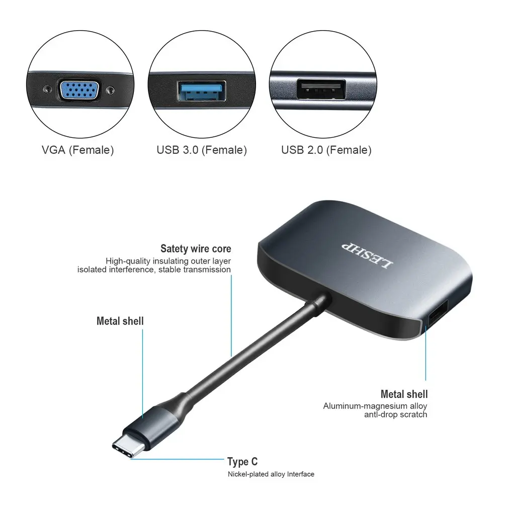 USB-C к USB 3,0 и USB 2,0 и VGA конвертер кабель адаптер алюминиевый сплав тип-c концентратор адаптер для устройств type-C UC28