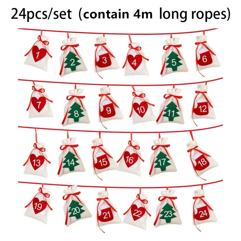 24pcs Hanging Fabric Christmas Calendar Candy Gift Bags Countdown Advent New Year storage Bags 11x16cm Christmas Party Decoratio