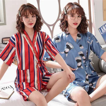 

2020 Summer Short Sleeve Silk Satin Shorts Kimono Pajama Sets for Women V-neck Sleepwear Suit Homewear Pijama Mujer Home Clothes