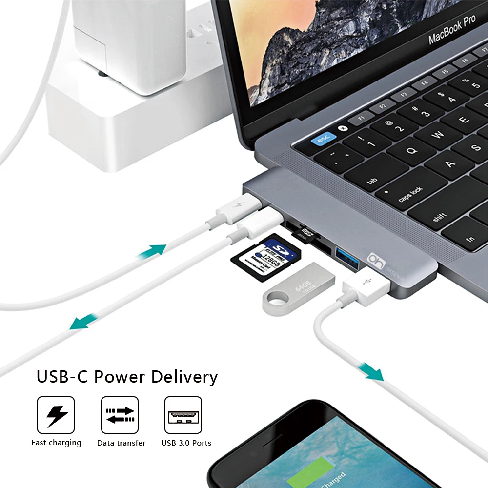 USB C концентратор с sd-кард-ридером, алюминиевый зарядный порт, USB 3,0 концентратор, конвертер для MacBook