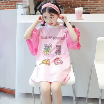 

2020 Summer Flare Sleeve Cartoon Long Tops for Kids Girl 8 10 12 years Children T Shirt Dress Outfit