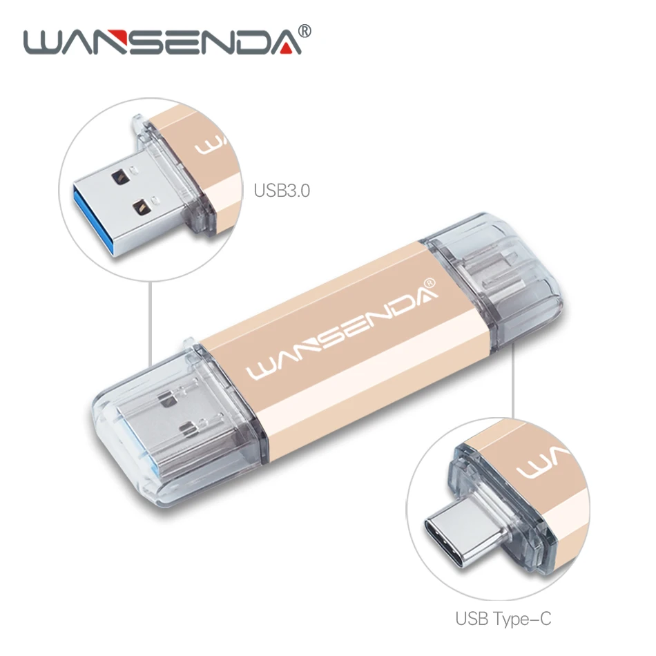 WANSENDA OTG USB флеш-накопитель 2 в 1 USB3.0 и Тип C флеш-накопитель 512 ГБ 256 ГБ 64 ГБ 32 ГБ Флешка USB флешка для устройств type-C - Цвет: Золотой