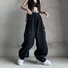 

wide leg pants womens black high waist denim jeans high Street Retro Loose long trousers Large Pocket Overalls Washed Dad Pants