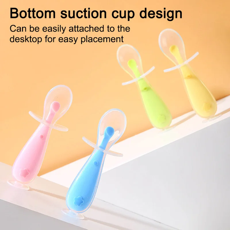 Babies Training Spoon With Suction Cup Children Tableware Infant Feeding Liquid Silicone Non-slip Baby Spoon Utensils