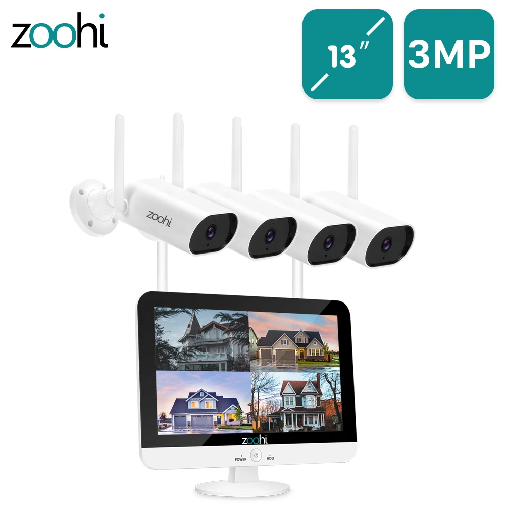 Zoohi Surveillance Video System 13-inch Wireless Monitor NVR 3MP HD Wifi Camera Sound Record Home Outdoor Security Camera System