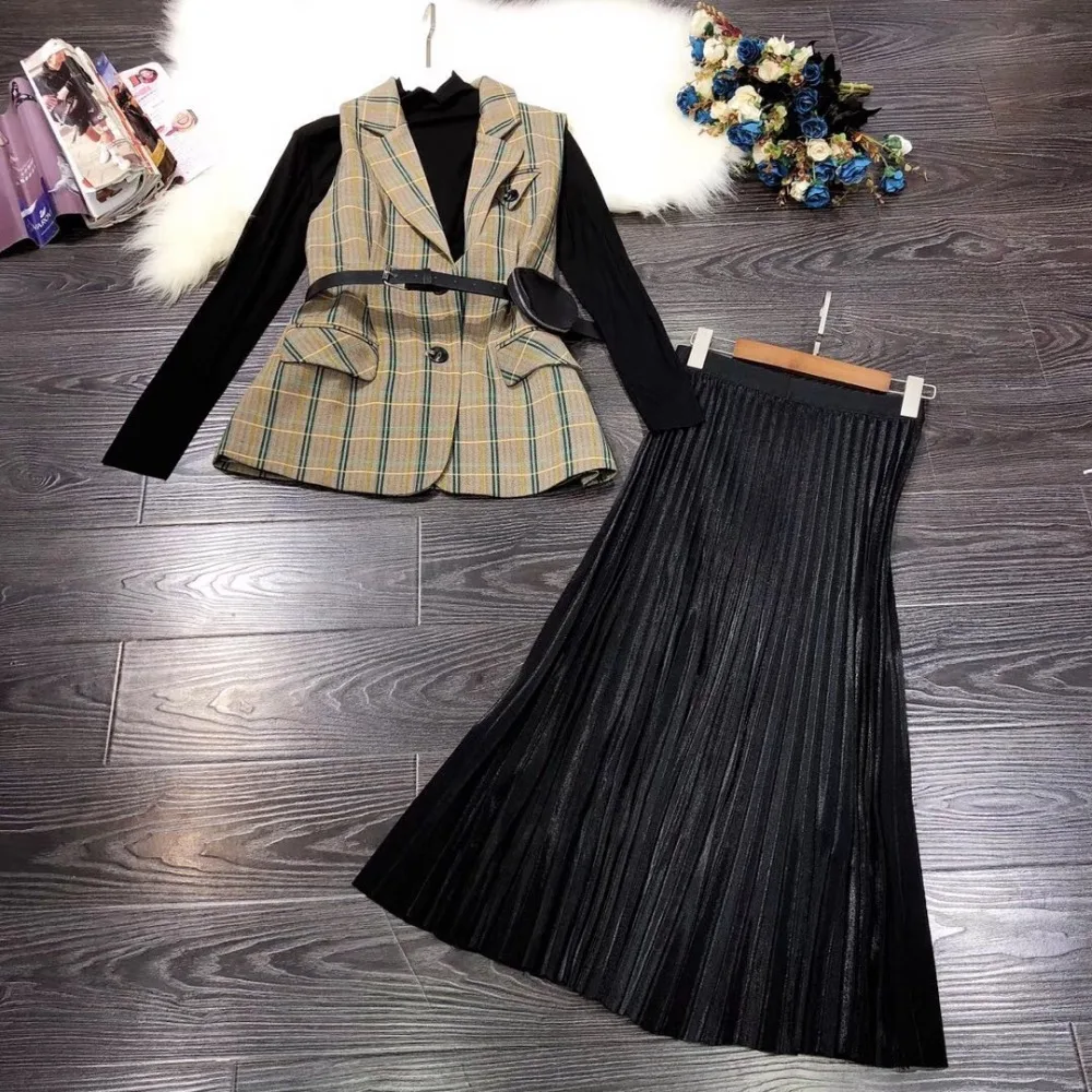 Европейская и американская женская одежда Зимний стиль свитер с длинными рукавами клетчатый жилет комплект с плиссированной юбкой