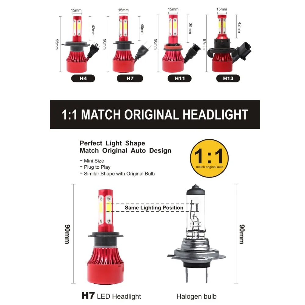 Muxall 4 сбоку световой H7 светодиодный фар автомобиля 100W 12000LM H4 лампы 6500K H11 9005 HB3 9006 9004 9007 H13 Turbo лампы для передних автомобильных противотуманных фар