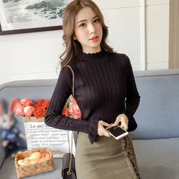

Women Slim High Collar Solid Color Bell Sleeve Casual Slmple Wild Kint Sweater