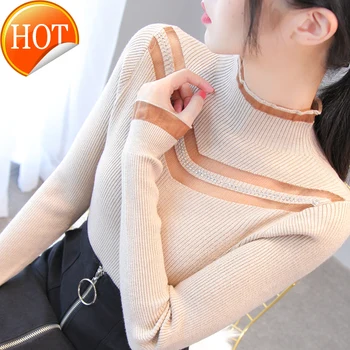 

2020 Autumn Winter new hot diamond sweater hollow-out half-high collar ruffled Western style base shirt slim women's sweater