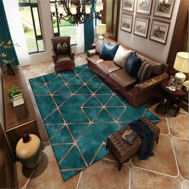 Living Room Large Carpet and Rug Modern Gold Geometric Imitation Dark Green Marble Tapete