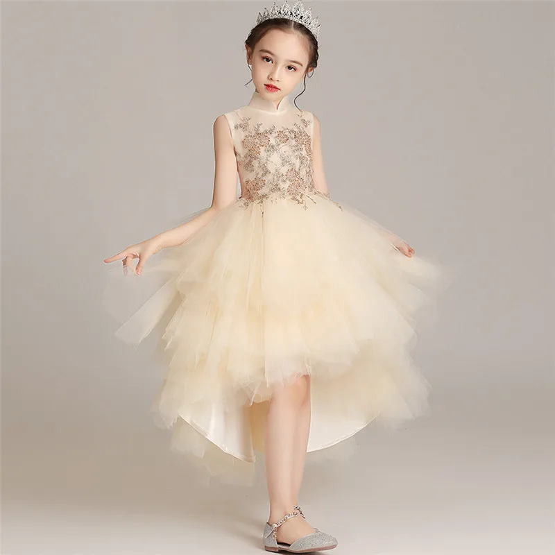 frontshort back long Модельные костюмы для подиума; роскошное платье с длинным шлейфом для девочек; цвет бежевый, серый; вечернее платье для дня рождения, выпускного вечера - Цвет: frontshort back long