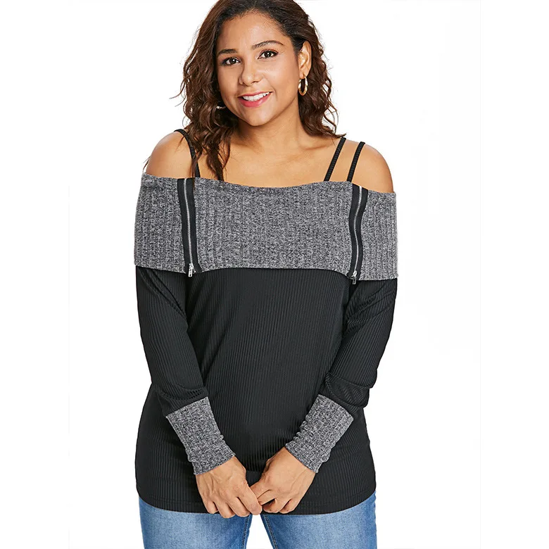 Plus Size 5XL Autumn Large women's Zipper Word Collar off-shoulder long-sleeved Sweater Top | Женская одежда
