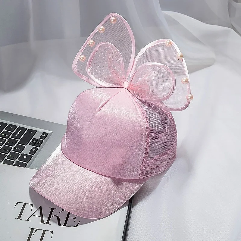 pink Модная летняя детская бейсбольная кепка с большим бантом и цветочными ушками черного, белого и розового цветов с жемчужинами, Детские Солнцезащитные шляпы, сетчатая Кепка принцессы - Цвет: pink