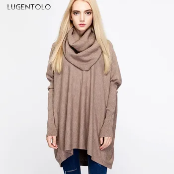 

Lugentolo Women Sweater Loose High Collar Knit Autumn and Winter Bat Sleeve Solid Color Pullovers 7 Color