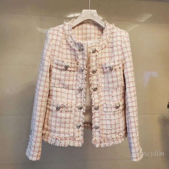 

Plaid Elegant Tweed Jacket Short Coat Women 2020 Fashion Double Breasted Frayed Trims Tweed Jackets Long Sleeve Lady Chic Tops