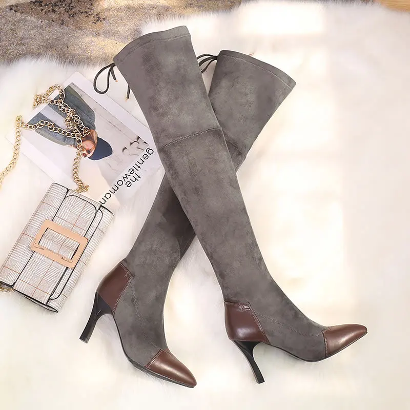 

Casual Slip-On Pointed Toe Fashion Women Boots PU Platform Mixed Colors Long Boots Super High Square Heel Sewing Winter Shoes