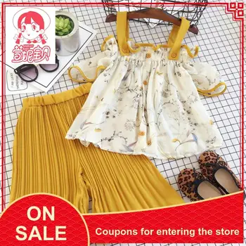 

Kids Summer Clothes Baby Girl Suspenders Tops Wide-leg Pants Chiffon Suit Girls Short-sleeved Trousers Clothing Two Hot