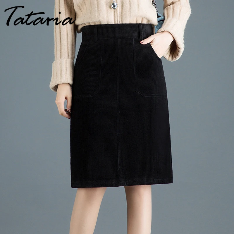 Tataria, Женская Вельветовая Осенняя юбка, женские офисные юбки на молнии с высокой талией, зимние женские прямые юбки до колена размера плюс