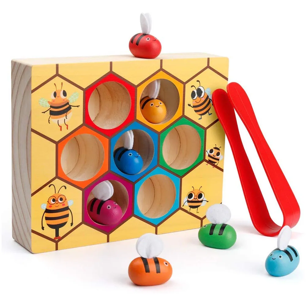 

1 Set Montessori 7pcs Bees Hive Games Board Clamp Fun Picking Catching Toy Educational Beehive Baby Kids Developmental Toy Board