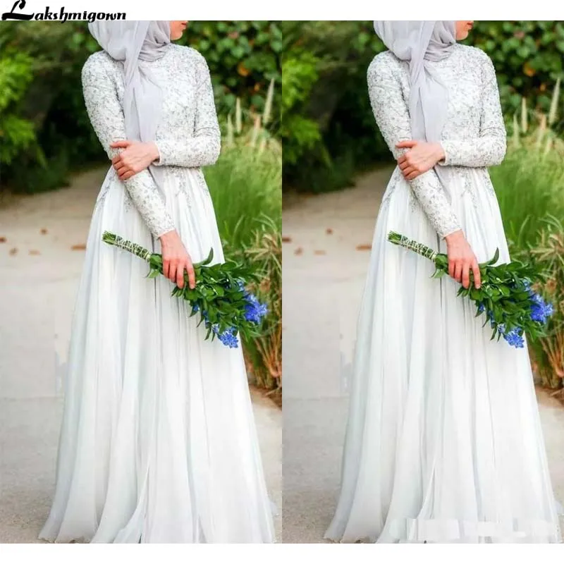 

Muslim Wedding Dresses New Arrival Simple Pure White Beaded Crystals High Neckline Long Sleeve Chiffon Islamic Wedding Dress