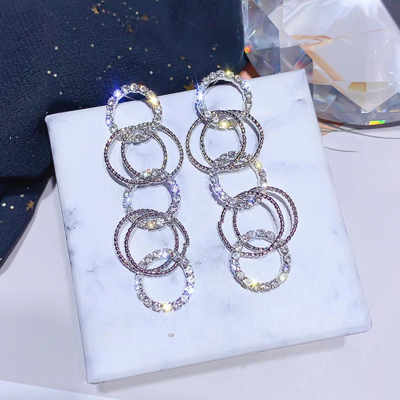 Silver USTAR, модные, несколько небольших круглых висячих сережек для женщин, длинные, золото, серебро, стразы, вечерние, свадебные ювелирные изделия, подарок - Окраска металла: Silver