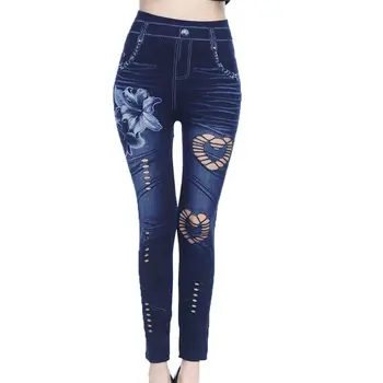 

2019 Fashion Women Leggings Floral Print Faux Denim High Waist Seamless Hollow Out Leggings Pencil Pants Plus Size S-3XL