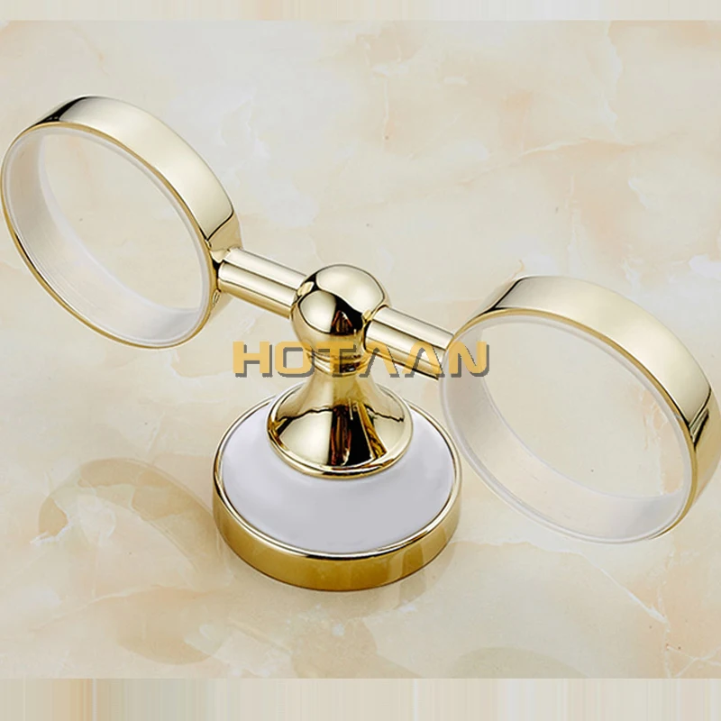 Gold Color Tumbler Holders Double Glass Cup Holders Wall-mount Toothbrush Tooth Cup Bathroom Accessories Fittings