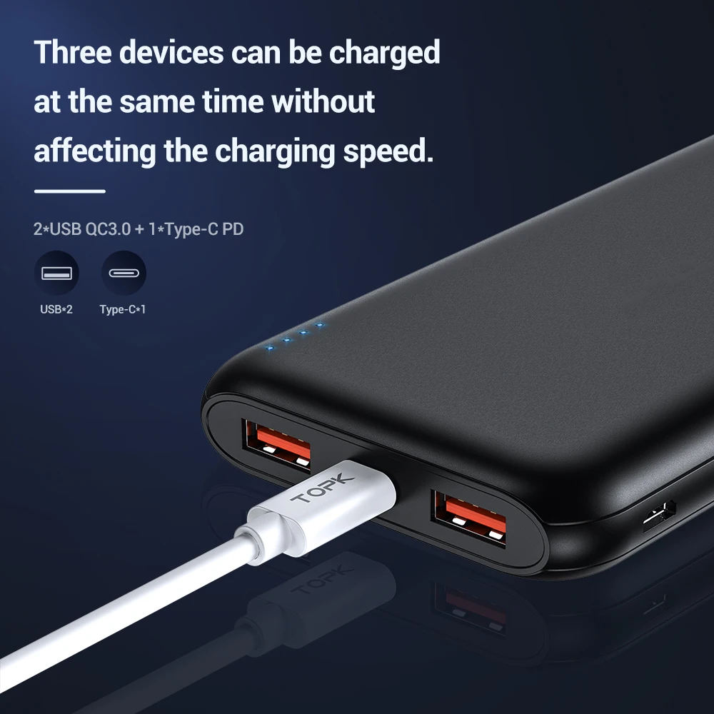 TOPK 10000 мАч Внешний аккумулятор 18 Вт usb type C внешние аккумуляторы QC3.0 PD Двусторонняя Быстрая зарядка внешний аккумулятор для samsung Xiaomi huawei