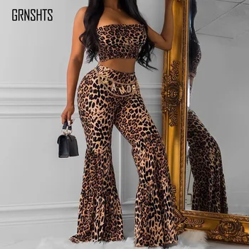 

2 Pieces Summer Strapless Sexy Leopard Suits Plated Short Tops Elastic Waist Flare Pants Long Pants Streetwear Casual Autumn L
