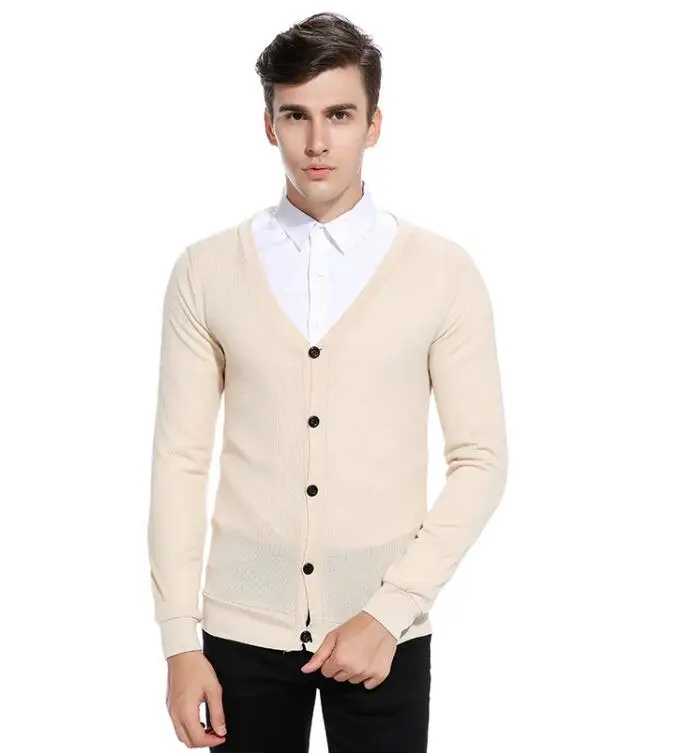 Khaki Sweater Свитер мужской кардиган с длинными рукавами брендовый Модный повседневный облегающий пуловер тонкий трикотаж плюс размер Pull Homme белый черный - Цвет: Khaki Sweater