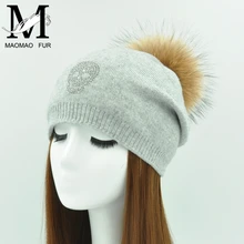 Real Fur Winter Hat Raccoon Fur Pom Pom Hats Shining Rhinestone For Women Brand Thick Women Hat Wholesale Knitted Beanies Cap