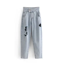 Весна Лето Высокая талия две пуговицы отверстие необработанные джинсы тренд женские джинсы с дырками необработанные брюки длиной до щиколотки шаровары джинсовые брюки