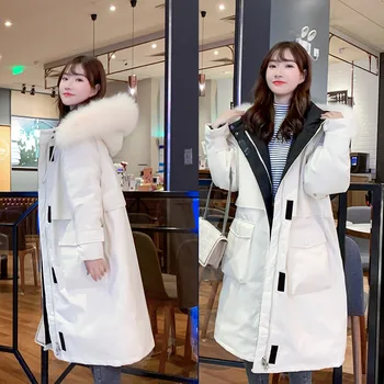 

2020 New Parka Winter Fashion Tooling Cotton Padded Female Long Korean Loose Student Hooded Big Fur Collar Warm Coat Big Pocket